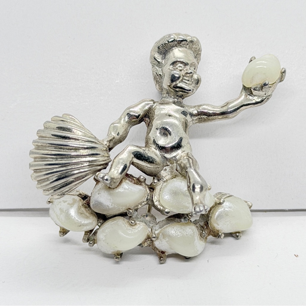 Rare Vintage Marcel Boucher Baroque Pearl Silver Tone Neptune Boy Brooch Pin